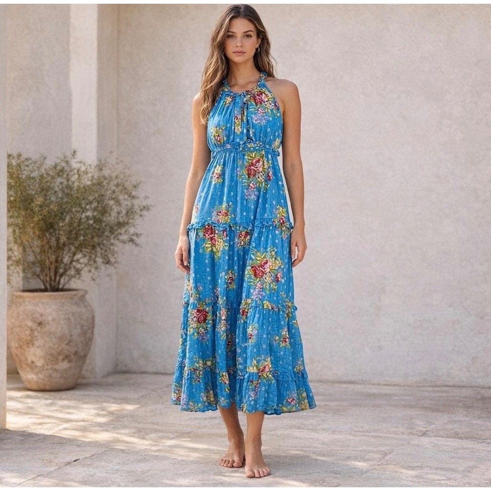 House of Harlow 1960‎ Helena Blue Floral Tiered Halter Maxi Dress Size L